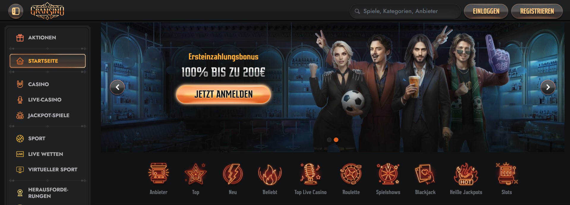 Die Webseite von Monster Wins präsentiert ein großzügiges Willkommensbonus-Angebot von 100% bis zu 500€ sowie 200 Freispiele. Zwei Steampunk-Figuren im Hintergrund verleihen der Szene ein einzigartiges Flair. Links befindet sich eine Menüleiste mit Kategorien wie Casino, Live-Casino, Jackpot-Spiele, Sportwetten und Virtuelle Spiele. Am unteren Rand werden verschiedene Icons für Anbieter, Neuheiten, Beliebte Spiele, Bonuskäufe, Top Live Casino, Spielshows, Heiße Jackpots und Slots angezeigt.