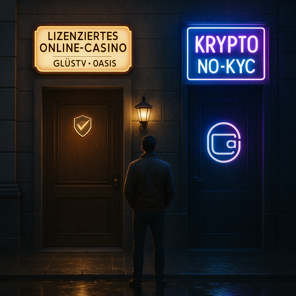 Eine Person steht nachts zwischen zwei Türen – links ein lizenziertes KYC Online-Casino mit GlüStV-Schild, rechts ein anonymes Krypto-Angebot ohne KYC.