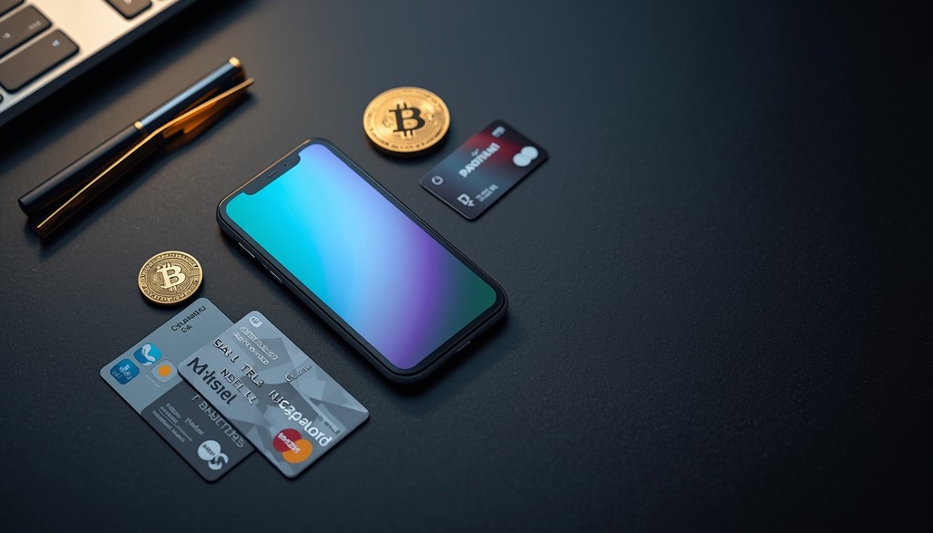 Smartphone mit Finanz-Apps, Bitcoin-Münzen und Kreditkarten auf dunklem Hintergrund – Symbolbild für modernes Online Casino ohne deutsche Lizenz.